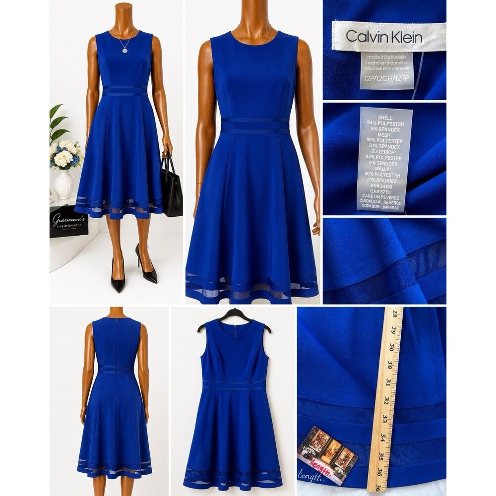 Calvin Klein Women's Dress Flare Royal Blue Black Belt Stretch Size 12 Mesh Midi